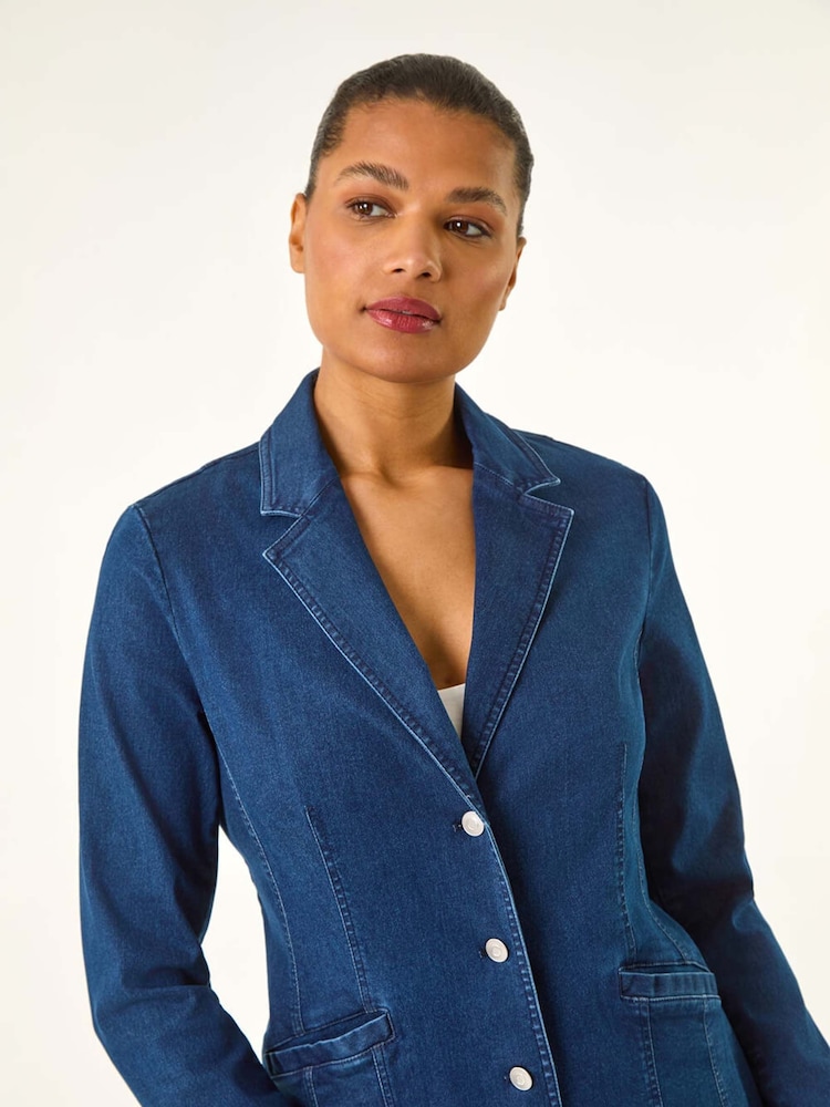 Roman Blue Denim Collar Stretch Blazer - Image 4 of 5