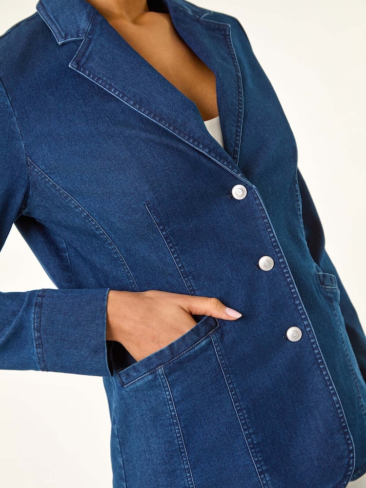 Roman Blue Denim Collar Stretch Blazer - Image 5 of 5 Roman Blue Denim Collar Stretch Blazer - Image 5 of 5
