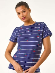 Azul - Roman Embroidered Cherry 100% Cotton T-Shirt - Imagen 4 de 5
