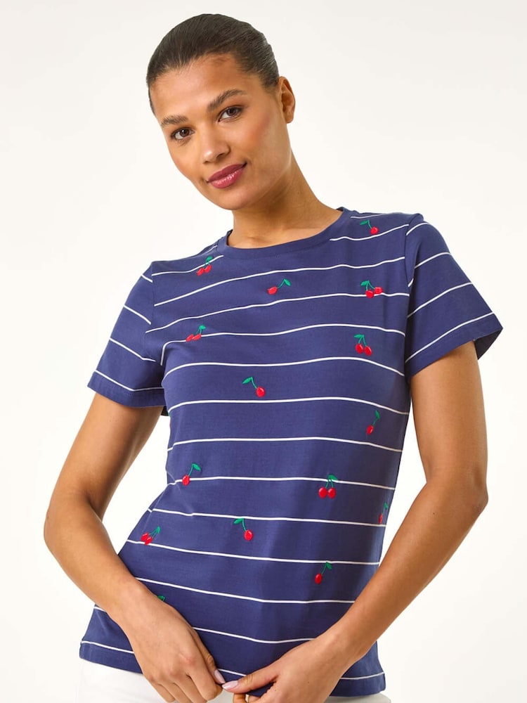 Roman Blue Embroidered Cherry 100% Cotton T-Shirt - Image 4 of 5
