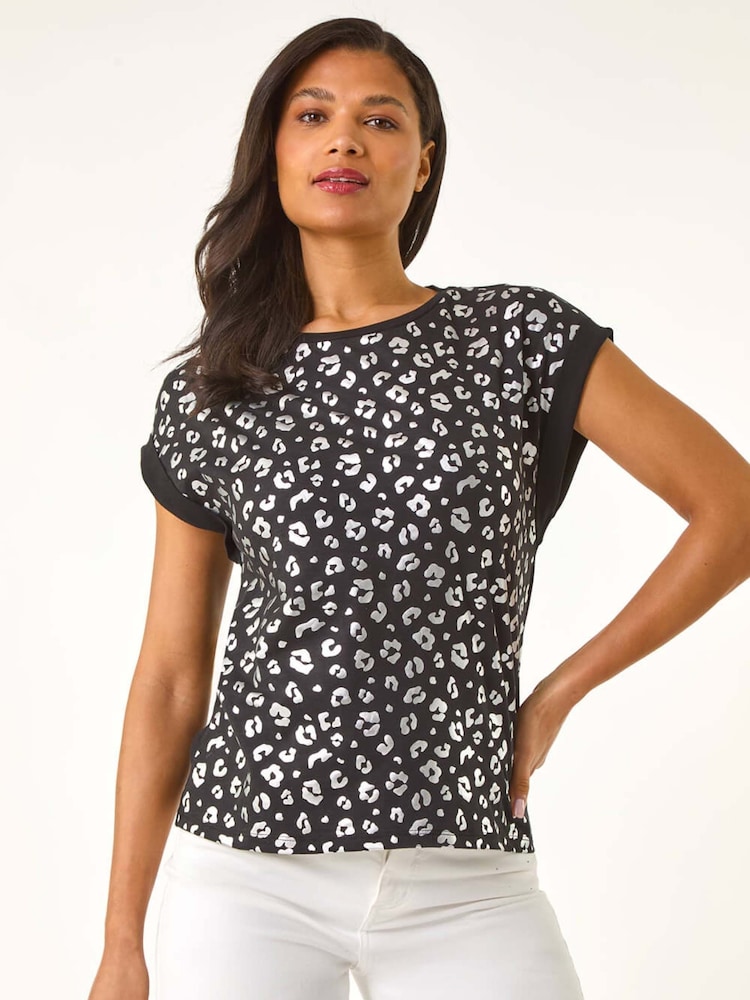 Camiseta de algodón 100 % con estampado metalizado de leopardo de Roman - Imagen 2 de 5