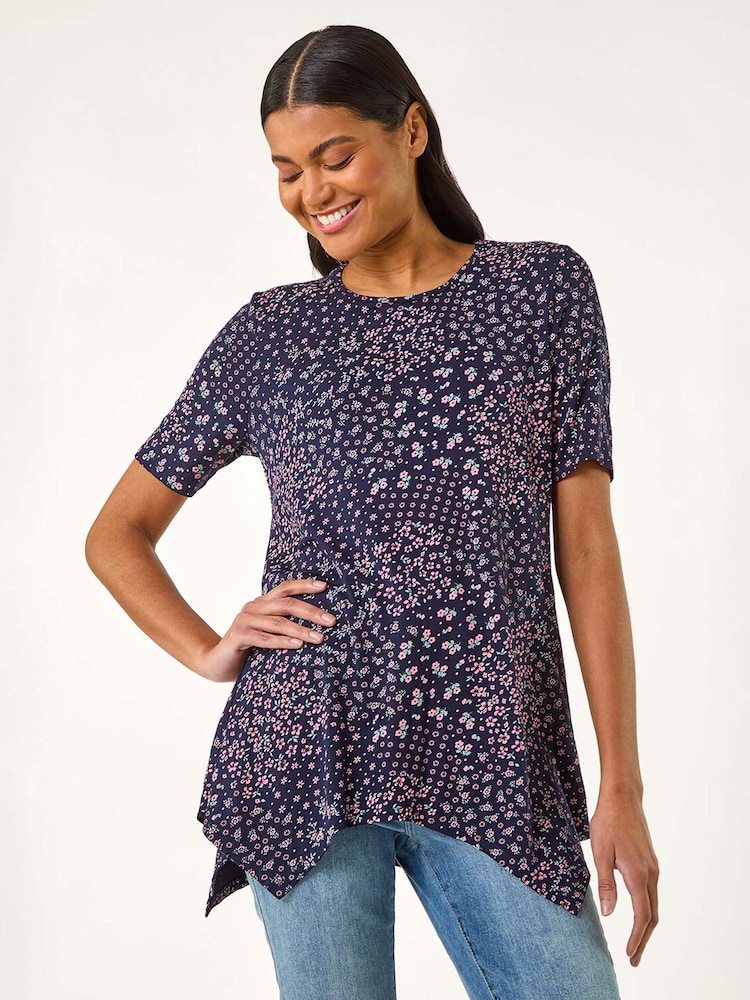 Roman Floral Print Hanky Hem Tunic Top - Imagen 1 de 5