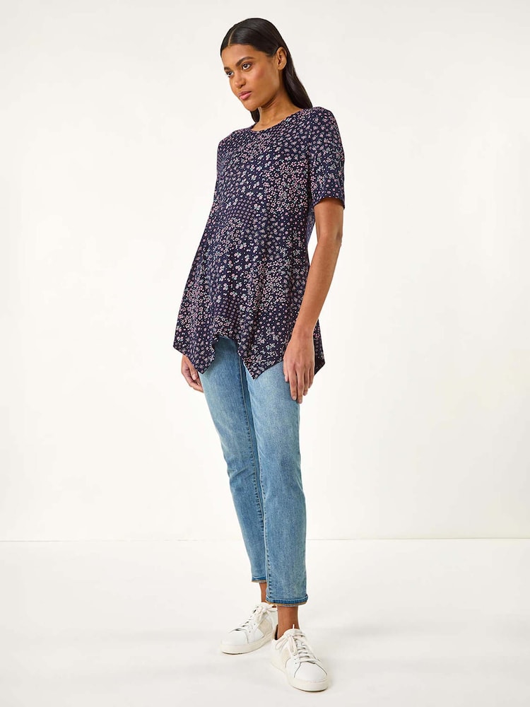 Roman Floral Print Hanky Hem Tunic Top - Imagen 2 de 5