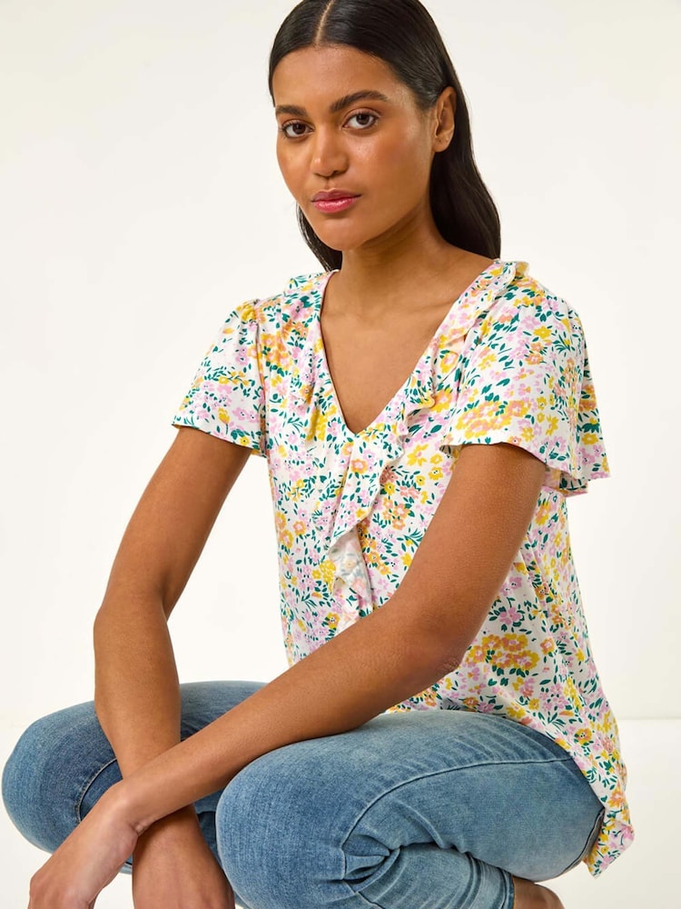 Roman White Printed Ruffle V-Neck Top - Image 1 of 5