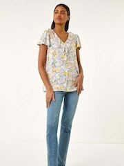 Roman White Printed Ruffle V-Neck Top - Image 2 of 5