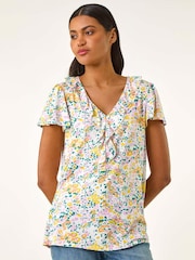 Roman White Printed Ruffle V-Neck Top - Image 4 of 5