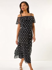 Roman Black Spot Print Bardot Midi Dress - Image 1 of 5