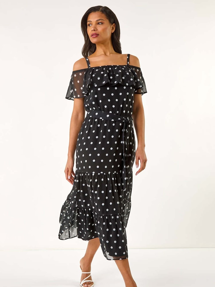 Roman Black Spot Print Bardot Midi Dress - Image 1 of 5
