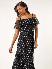 Roman Black Spot Print Bardot Midi Dress - Image 2 of 5