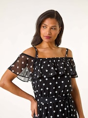 Roman Black Spot Print Bardot Midi Dress - Image 4 of 5