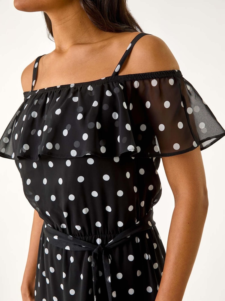 Roman Black Spot Print Bardot Midi Dress - Image 5 of 5