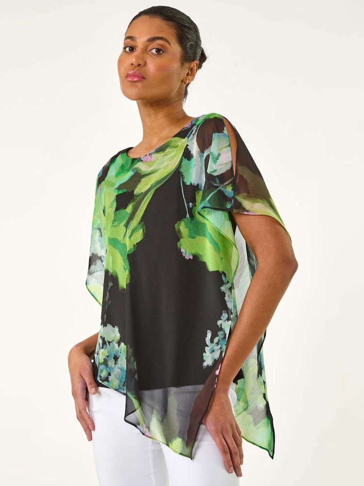 Roman Green Floral Print Asymmetric Overlay Top - Image 1 of 5