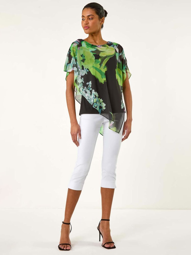 Roman Green Floral Print Asymmetric Overlay Top - Image 2 of 5