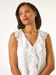 Roman White Lace V-Neck Ruffle Front Blouse - Image 1 of 5