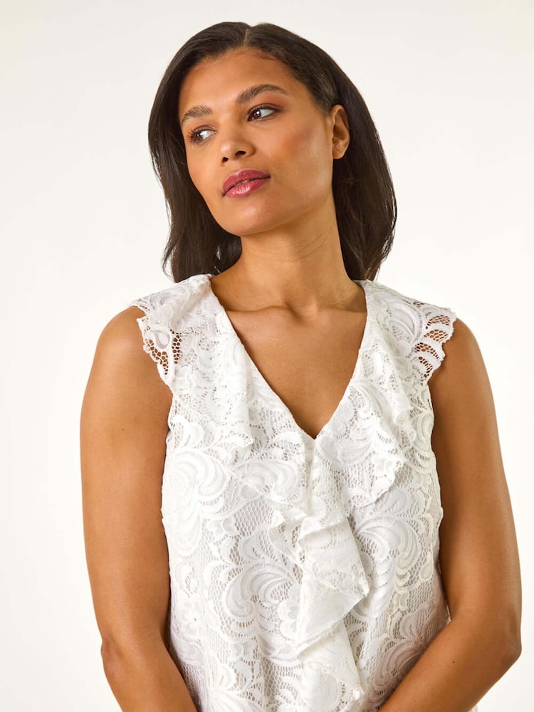 Roman White Lace V-Neck Ruffle Front Blouse - Image 1 of 5