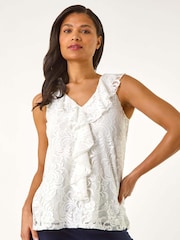 Roman White Lace V-Neck Ruffle Front Blouse - Image 4 of 5