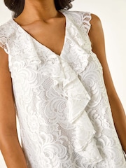Roman White Lace V-Neck Ruffle Front Blouse - Image 5 of 5