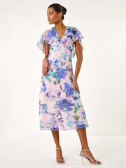 Roman Purple Floral Print Cape Back Midi Dress - Image 2 of 5