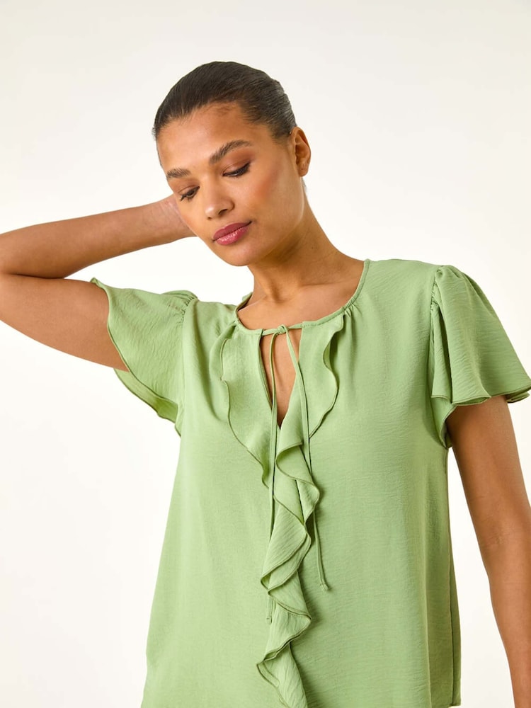 Roman Green Frilled Sleeve Tie Front Top - Image 1 of 5