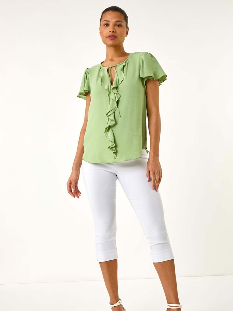 Roman Green Frilled Sleeve Tie Front Top - Image 2 of 5