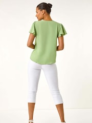 Roman Green Frilled Sleeve Tie Front Top - Image 3 of 5
