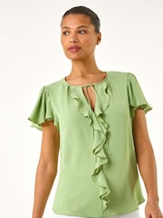 Roman Green Frilled Sleeve Tie Front Top - Image 4 of 5