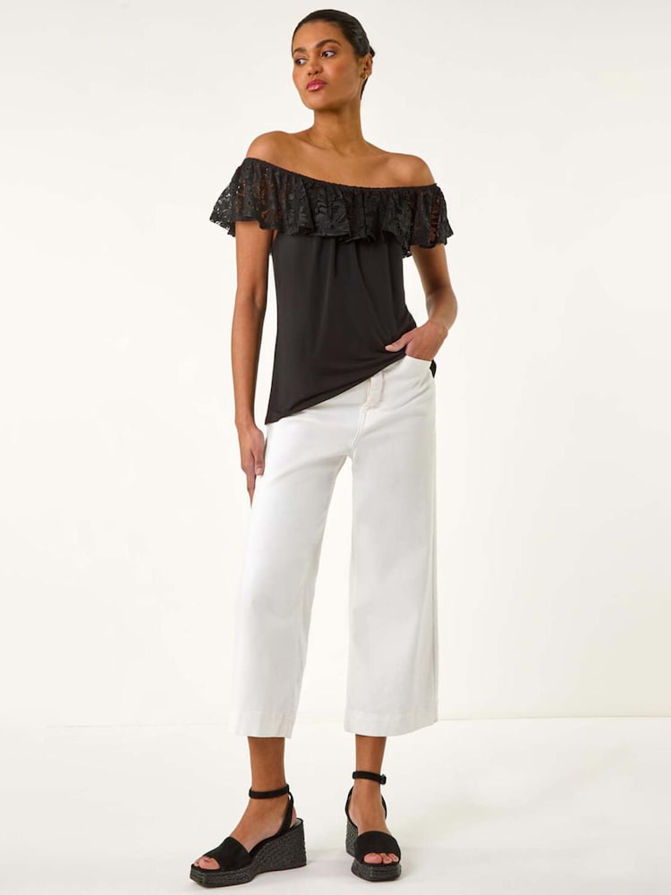 Roman Black Lace Trim Bardot Top - Image 1 of 5