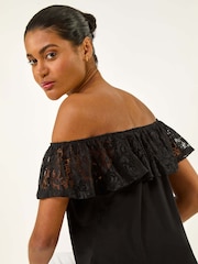 Roman Black Lace Trim Bardot Top - Image 2 of 5