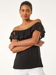 Roman Black Lace Trim Bardot Top - Image 4 of 5