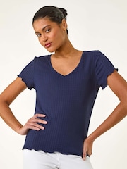Roman Blue V-Neck Textured Lettuce Edge Top - Image 1 of 5