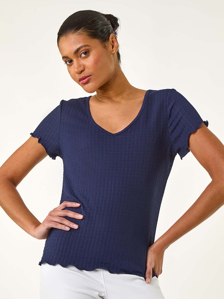 Roman Blue V-Neck Textured Lettuce Edge Top - Image 1 of 5