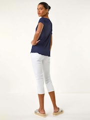 Roman Blue V-Neck Textured Lettuce Edge Top - Image 3 of 5