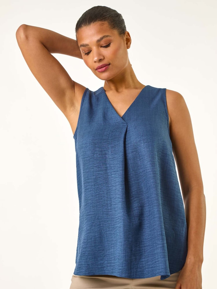 Roman Blue V-Neck Front Pleat Draped Vest Top - Image 1 of 5
