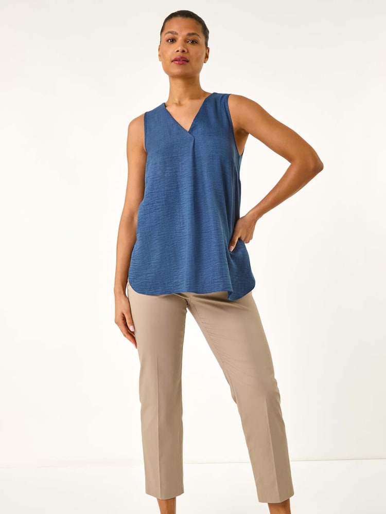 Roman Blue V-Neck Front Pleat Draped Vest Top - Image 2 of 5