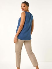 Roman Blue V-Neck Front Pleat Draped Vest Top - Image 3 of 5