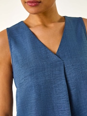 Roman Blue V-Neck Front Pleat Draped Vest Top - Image 5 of 5