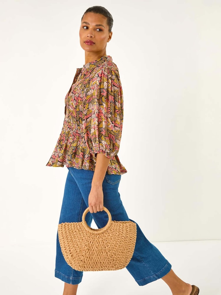 Roman Shirred Printed Front Button Blouse - Image 1 of 5