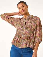 Roman Shirred Printed Front Button Blouse - Image 2 of 5