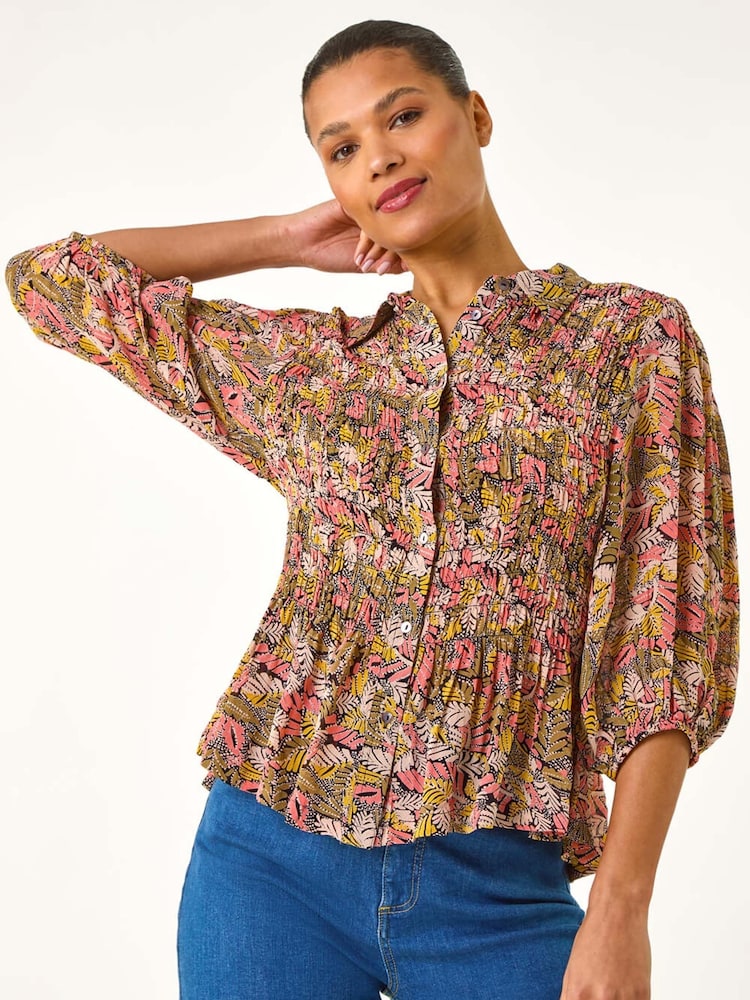 Roman Shirred Printed Front Button Blouse - Image 2 of 5