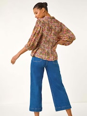 Roman Shirred Printed Front Button Blouse - Image 3 of 5