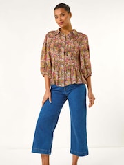 Roman Shirred Printed Front Button Blouse - Image 4 of 5