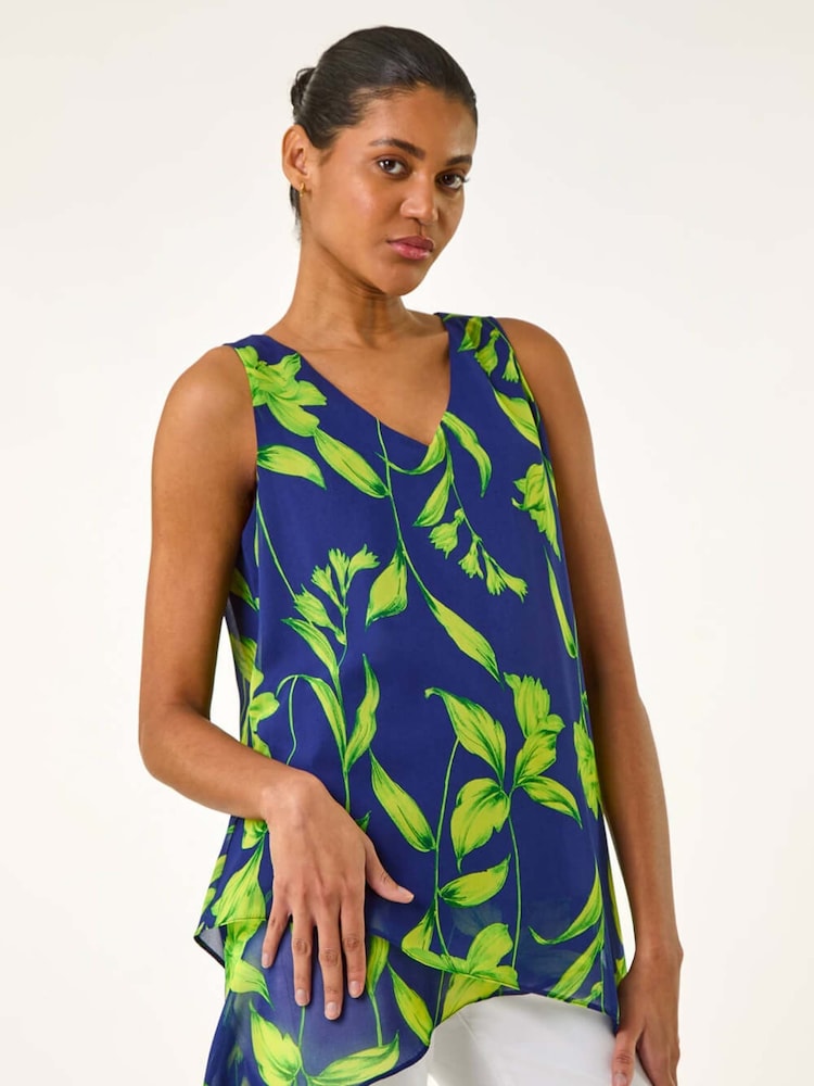Roman Blue Floral Print Wrap Overlay Vest Top - Image 1 of 5
