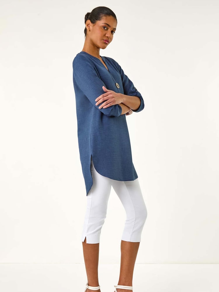 Roman Blue Horn Button Detail Longline Tunics Top - Image 2 of 5