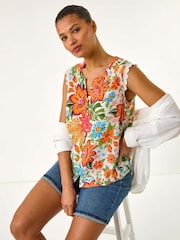 Roman Orange Floral Print Lace Detail Vest Blouse - Image 1 of 5