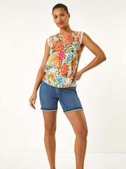 Roman Orange Floral Print Lace Detail Vest Blouse - Image 2 of 5