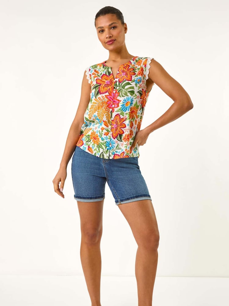 Roman Orange Floral Print Lace Detail Vest Blouse - Image 2 of 5