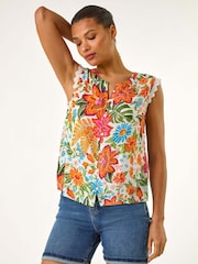 Roman Orange Floral Print Lace Detail Vest Blouse - Image 4 of 5