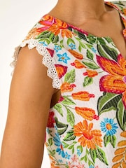 Roman Orange Floral Print Lace Detail Vest Blouse - Image 5 of 5