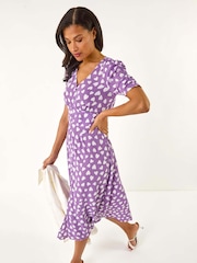 Roman Purple Heart Print Ruched Midi Dress - Image 1 of 5
