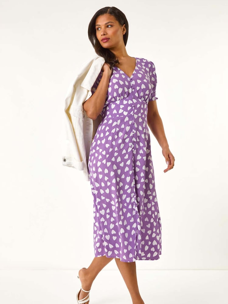 Morado - Roman Heart Print Ruched Midi Dress - Imagen 2 de 5 Morado - Roman Heart Print Ruched Midi Dress - Imagen 2 de 5